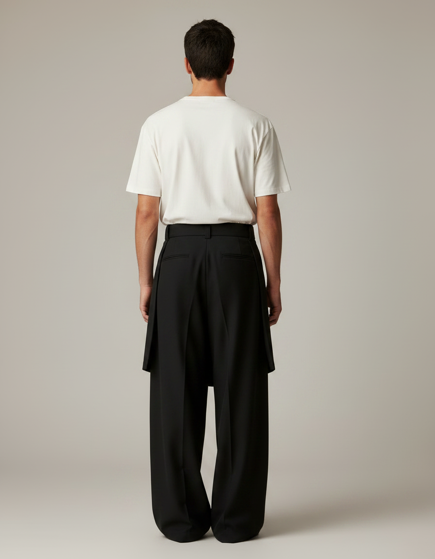 Pantalon Jupe Noir Plissé Ample Ceinturé Élégant - Polyester - vue 2