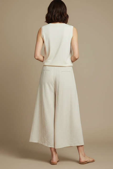 Pantalon Jupe Lin Coton Ample Fendu Beige Décontracté - vue 2