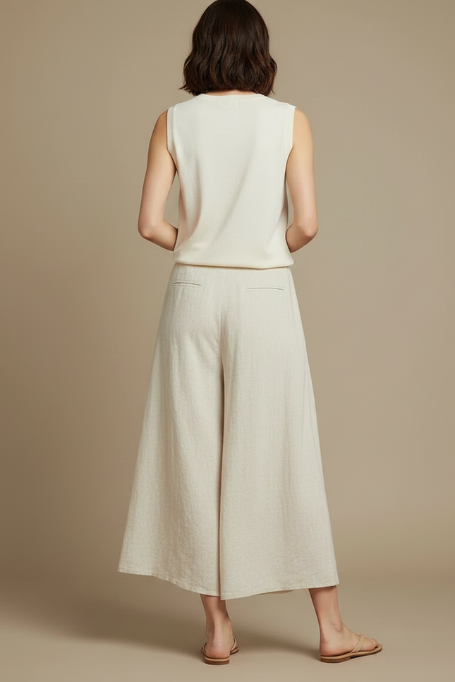 Pantalon Jupe Lin Coton Ample Fendu Beige Décontracté - vue 2