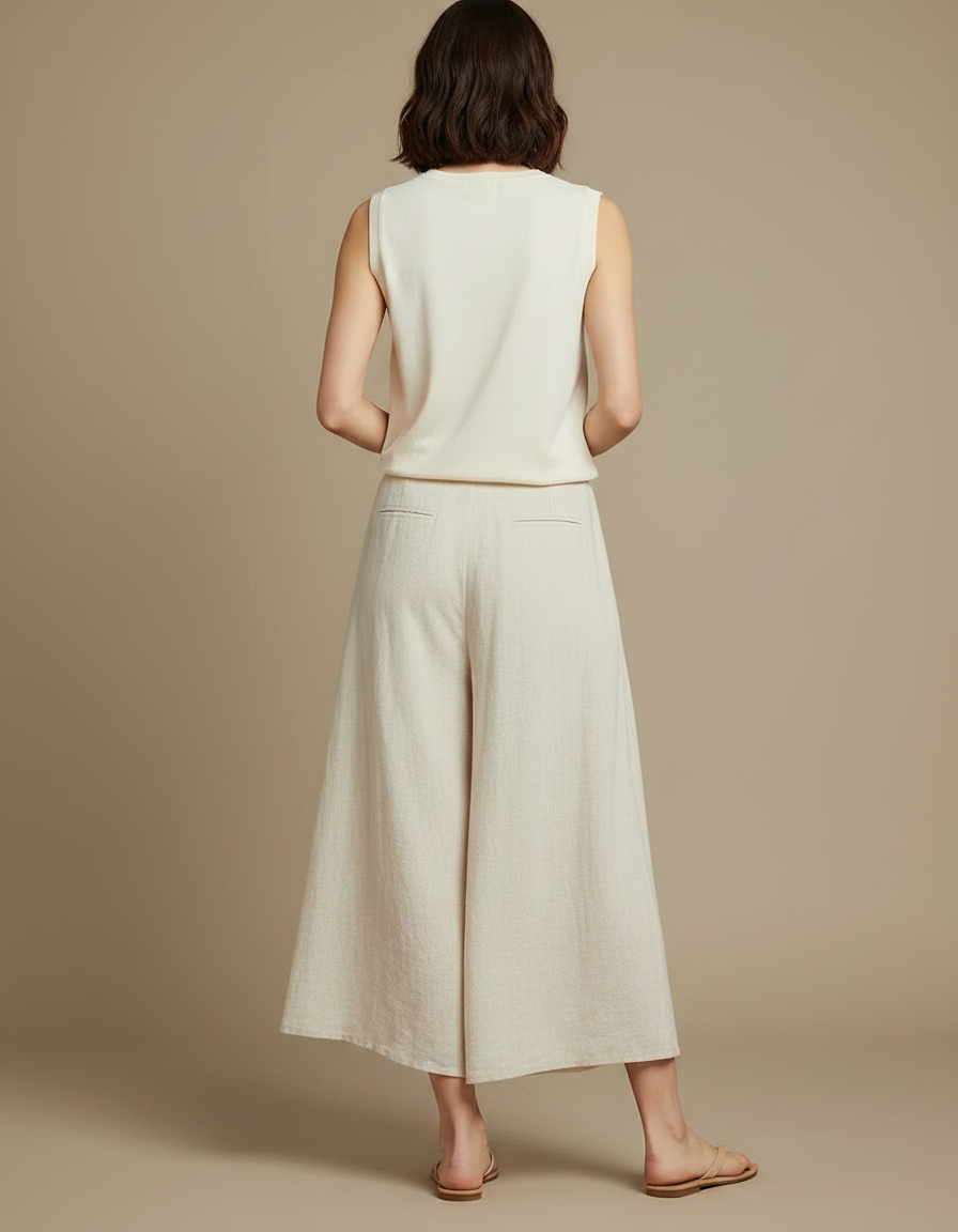Pantalon Jupe Lin Coton Ample Fendu Beige Décontracté - vue 2