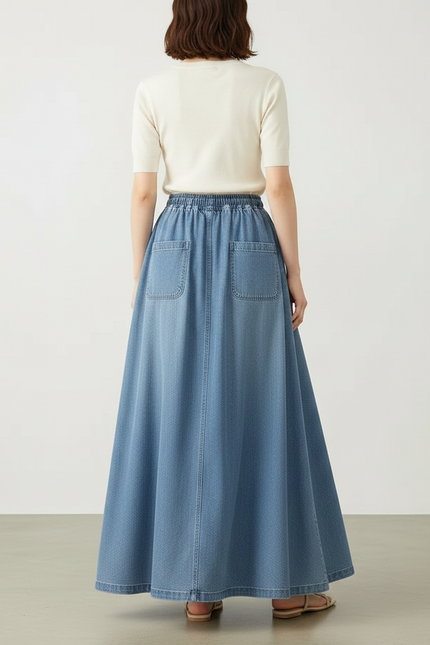 Pantalon Jupe Denim Ample Longue Fluide Élégante - Bleu Jean - vue 2
