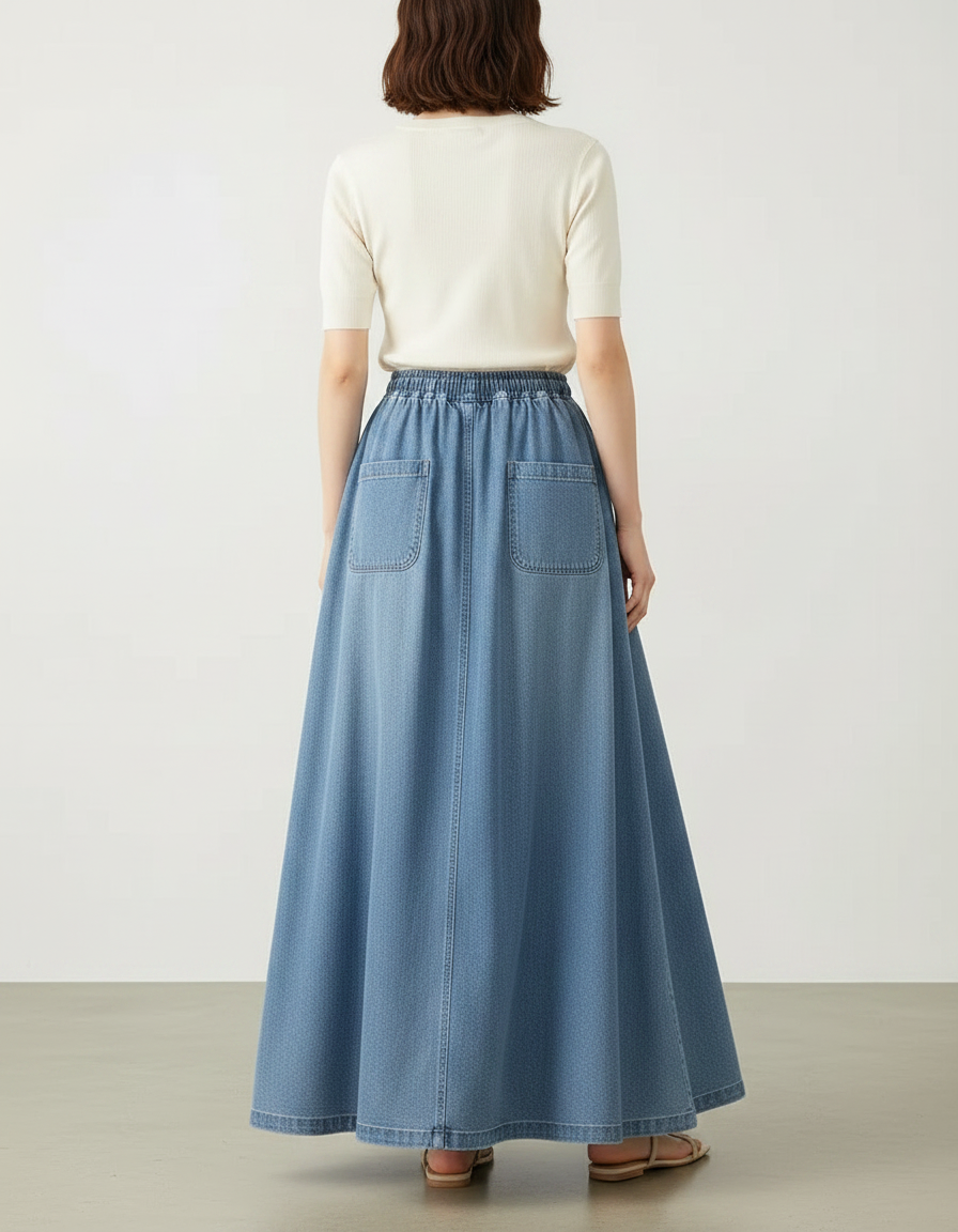 Pantalon Jupe Denim Ample Longue Fluide Élégante - Bleu Jean - vue 2