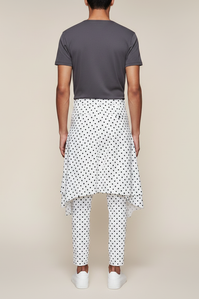 Pantalon Jupe Blanc Pois Noir Asymétrique Décontracté - Coton - vue 2