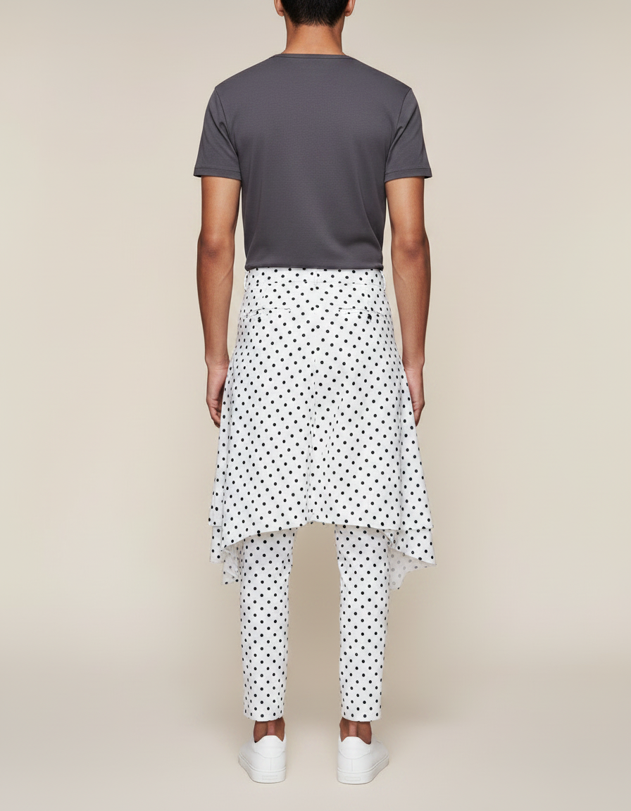 Pantalon Jupe Blanc Pois Noir Asymétrique Décontracté - Coton - vue 2
