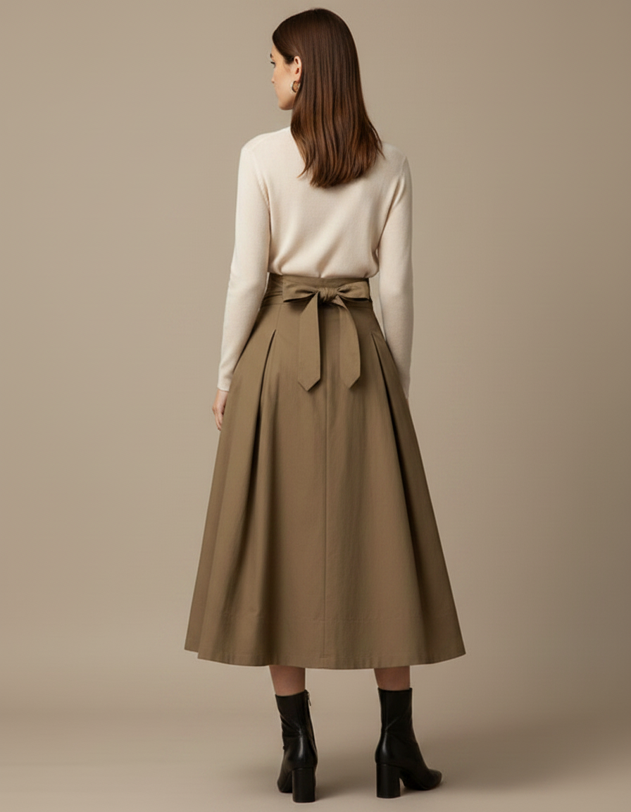 Pantalon Jupe Marron Plissé Longue Ceinture Nœud Élégante - Kaki Gabardine - vue 2