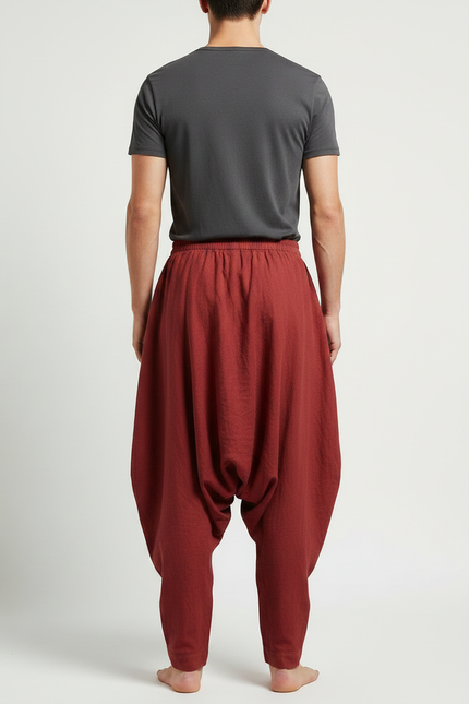Pantalon Jupe Rouge Brique Coton Lin Ample Homme - Bordeaux - vue 2