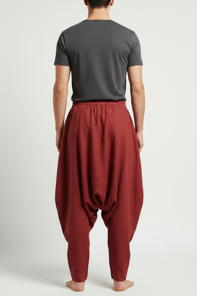 Pantalon Jupe Rouge Brique Coton Lin Ample Homme - Bordeaux - vue 2