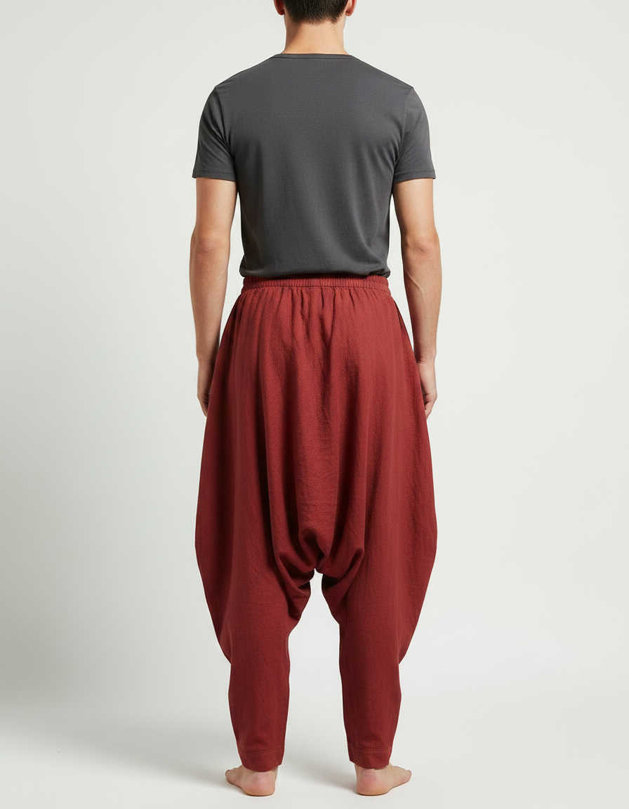 Pantalon Jupe Rouge Brique Coton Lin Ample Homme - Bordeaux - vue 2