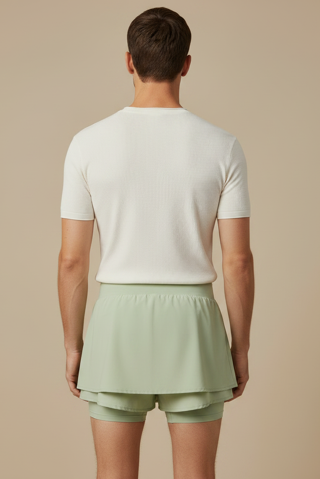 Pantalon Jupe Vert Côtelé Superposé Sportif Court - Polyester - vue 2