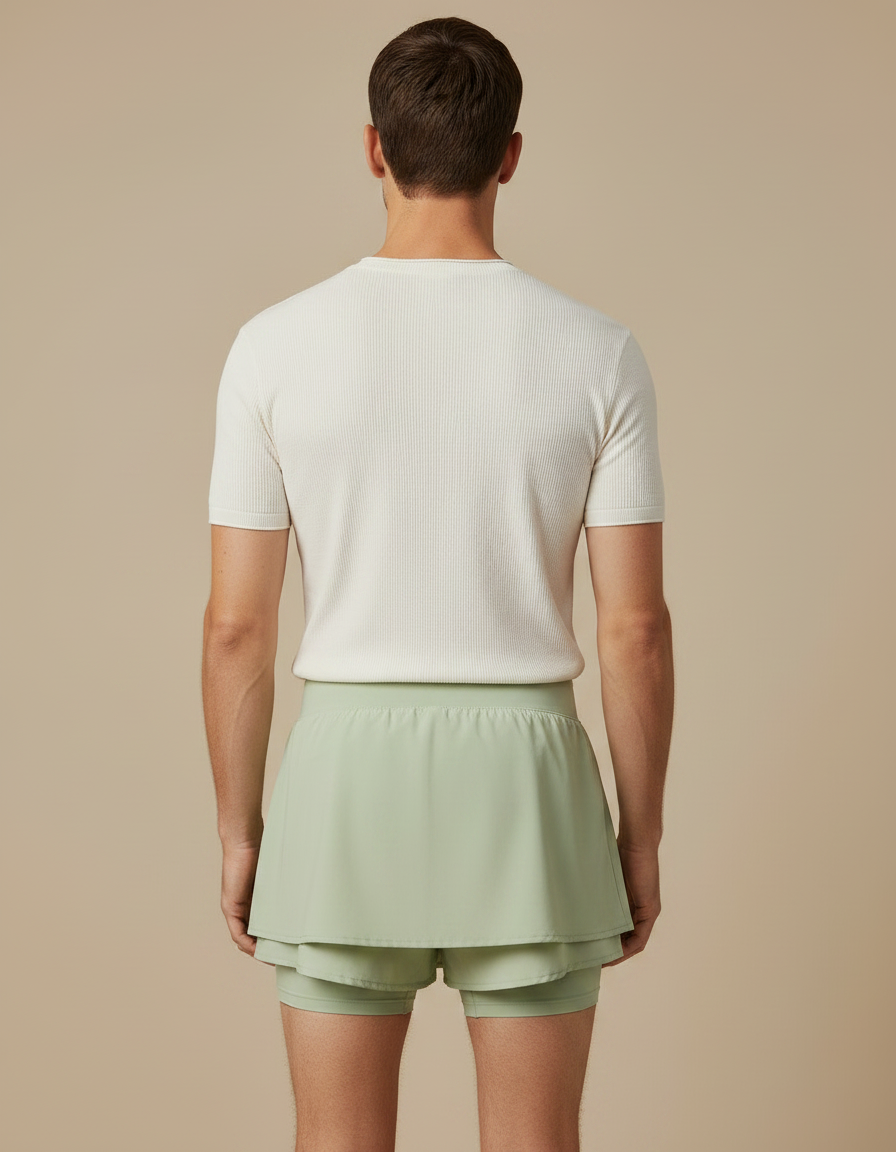 Pantalon Jupe Vert Côtelé Superposé Sportif Court - Polyester - vue 2