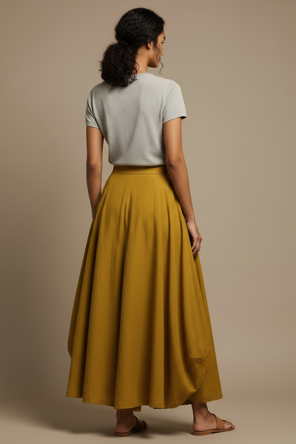 Pantalon Jupe Moutarde Coton Lin Ample Maxi Femme - Jaune - vue 2