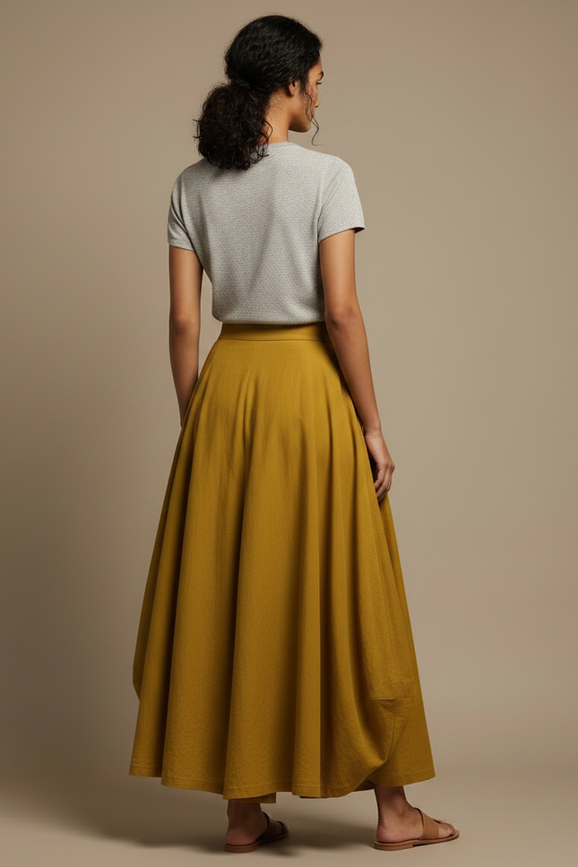 Pantalon Jupe Moutarde Coton Lin Ample Maxi Femme - Jaune - vue 2