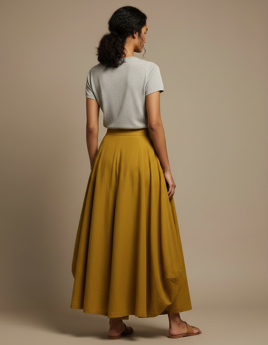 Pantalon Jupe Moutarde Coton Lin Ample Maxi Femme - Jaune - vue 2
