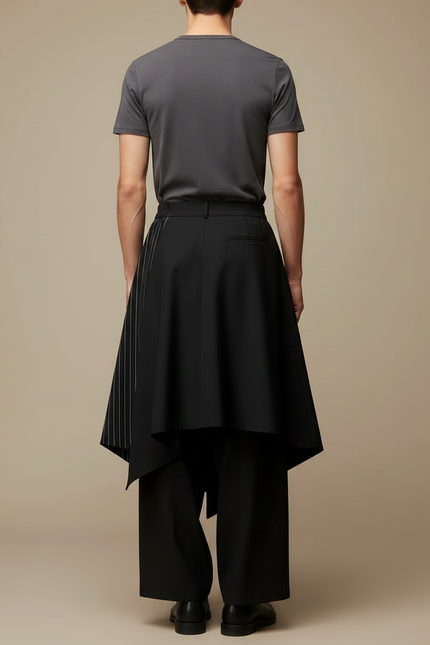 Pantalon Jupe Noir Asymétrique Rayé Ample Homme - Polyester - vue 2