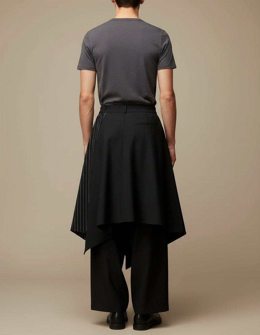 Pantalon Jupe Noir Asymétrique Rayé Ample Homme - Polyester - vue 2
