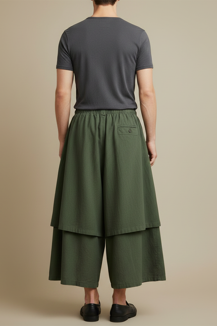 Pantalon Jupe Vert Militaire Ample Superposé Lin - Kaki - vue 2