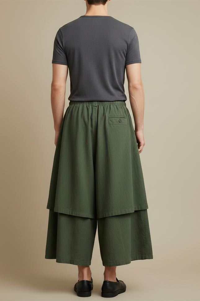 Pantalon Jupe Vert Militaire Ample Superposé Lin - Kaki - vue 2