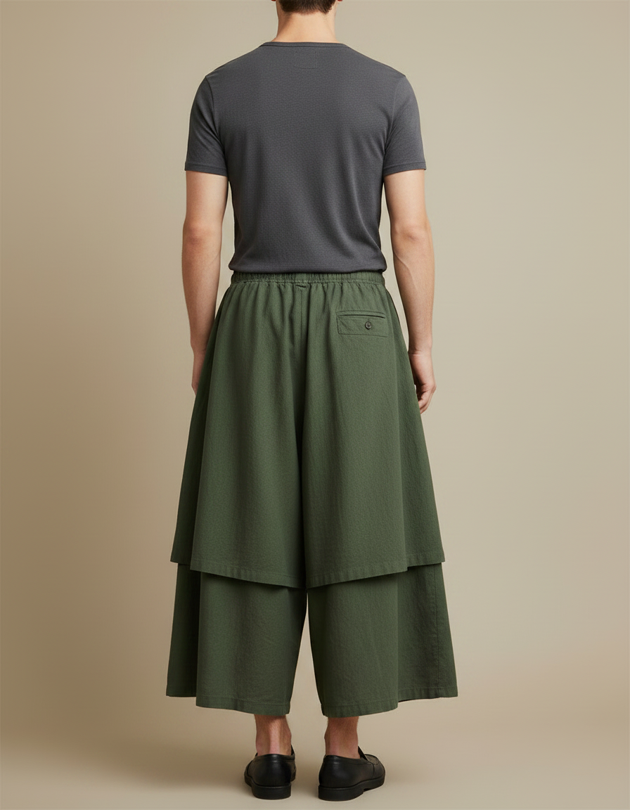 Pantalon Jupe Vert Militaire Ample Superposé Lin - Kaki - vue 2