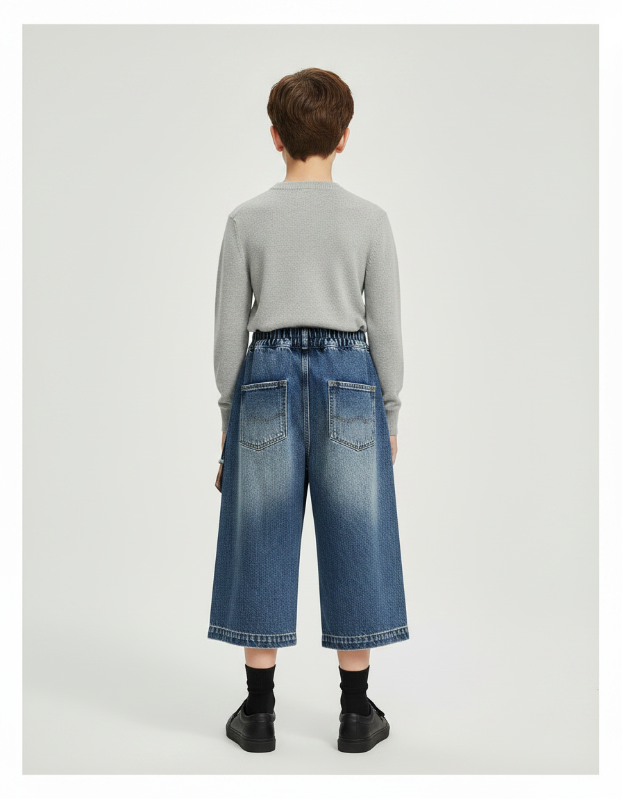 Pantalon Jupe Denim Large Croisé Décontracté Enfant - Bleu Jean - vue 2