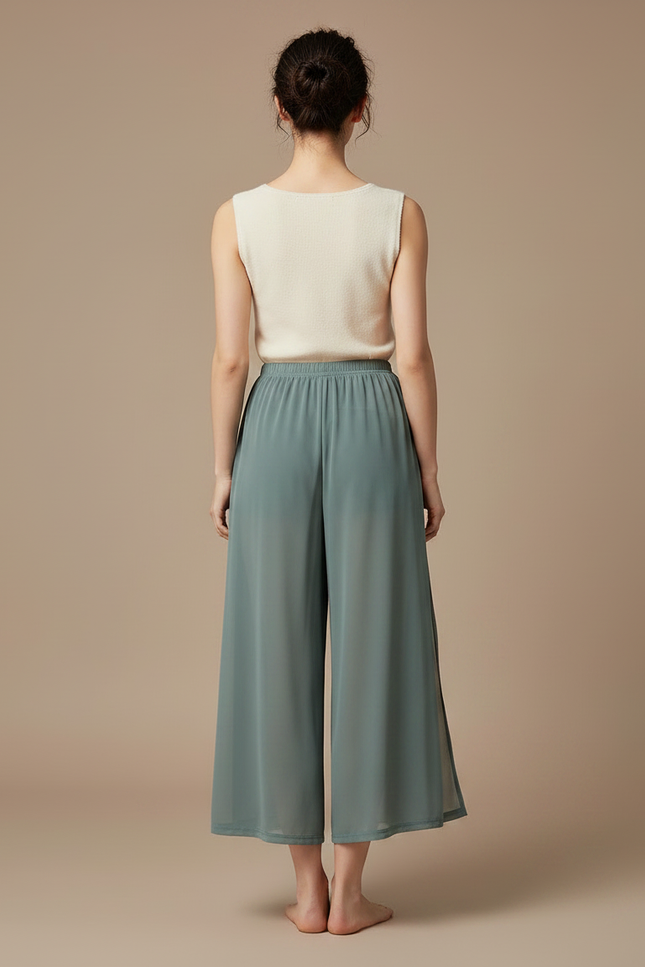 Pantalon Jupe Vert Fluide Ample Fendu Léger - Polyester - vue 2