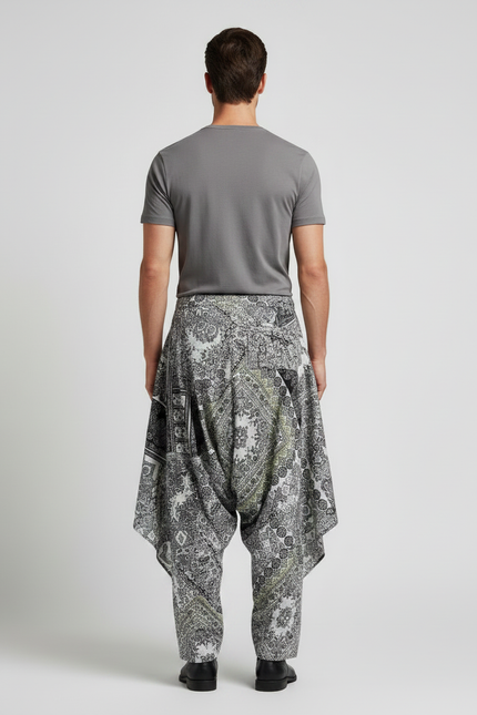 Pantalon Jupe Patchwork Bandana Asymétrique Ample Noir Blanc - Multicolore Coton - vue 2