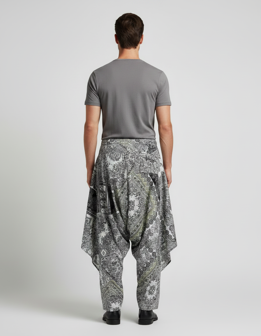 Pantalon Jupe Patchwork Bandana Asymétrique Ample Noir Blanc - Multicolore Coton - vue 2