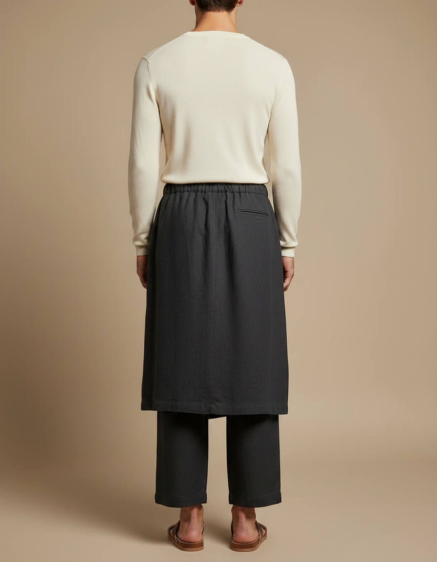 Pantalon Jupe Gris Lin Drapé Ample Homme - vue 2
