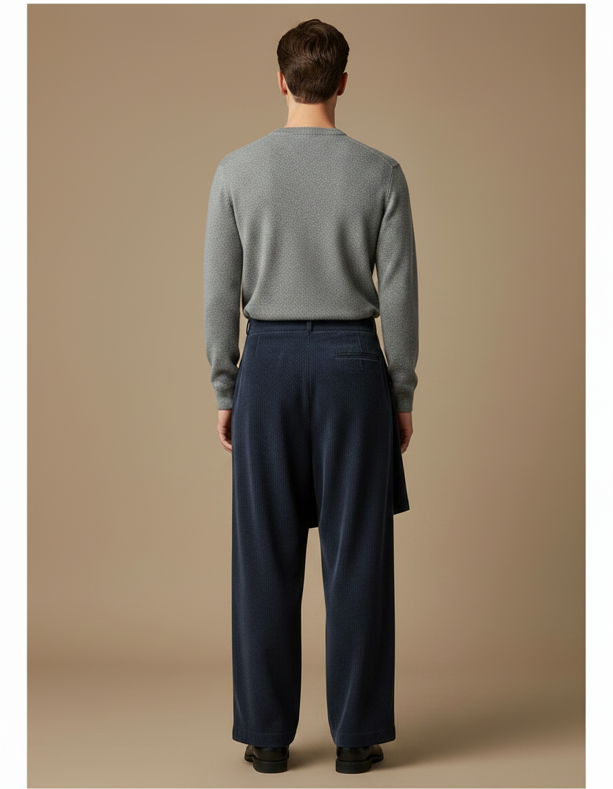 Pantalon Jupe Bleu Marine Côtelé Ample Superposé Homme - Cordé - vue 2