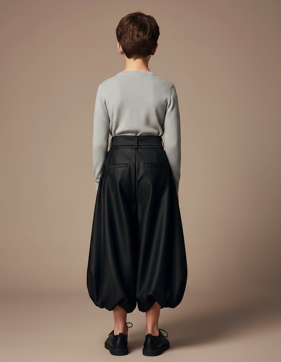 Pantalon Jupe Noir Satiné Bouffant Nœud Élégant - vue 2