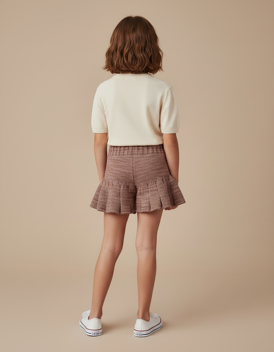 Pantalon Jupe Tricoté Plissé Marron Vintage Fille - Maille - vue 2