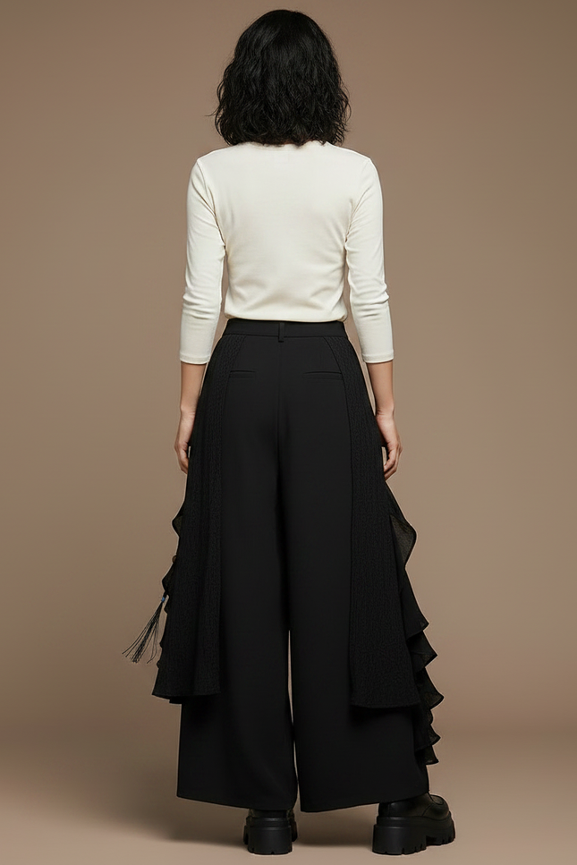 Pantalon Jupe Noir Asymétrique Volants Texturé Fluide - Viscose - vue 2