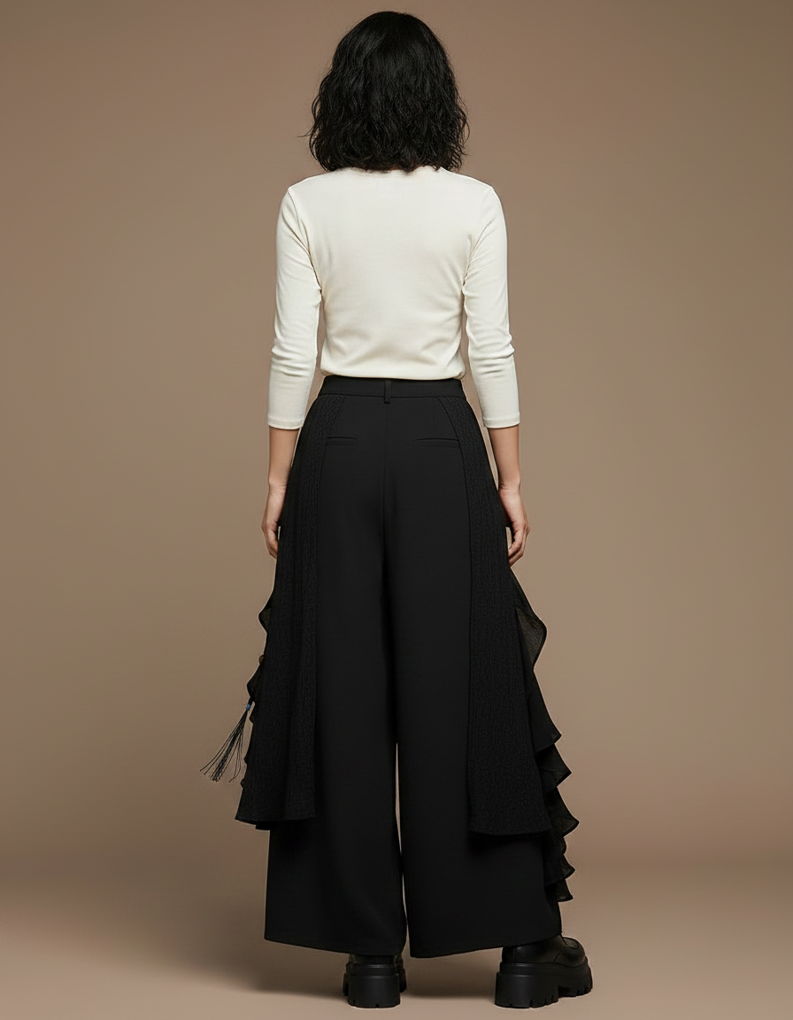 Pantalon Jupe Noir Asymétrique Volants Texturé Fluide - Viscose - vue 2