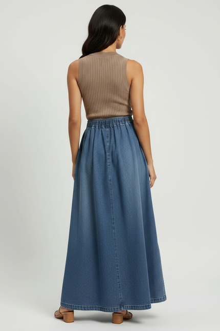 Pantalon Jupe Denim Bleu Plissé Fendu Long - Jean - vue 2