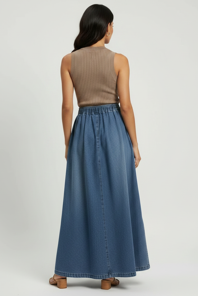 Pantalon Jupe Denim Bleu Plissé Fendu Long - Jean - vue 2