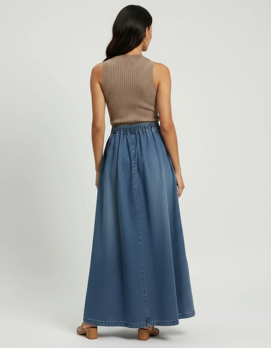 Pantalon Jupe Denim Bleu Plissé Fendu Long - Jean - vue 2