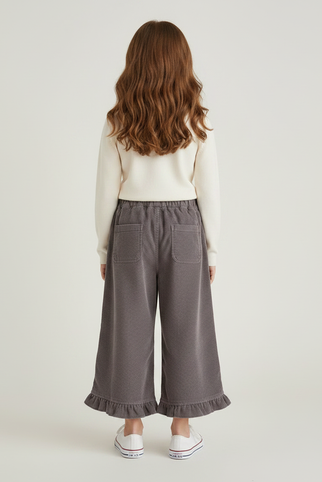 Pantalon Jupe Velours Côtelé Gris Volants Ample Enfant - Cordé - vue 2