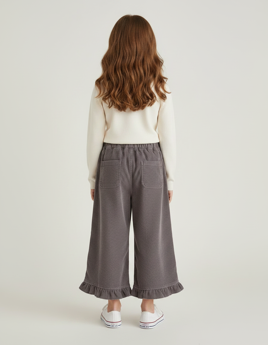Pantalon Jupe Velours Côtelé Gris Volants Ample Enfant - Cordé - vue 2
