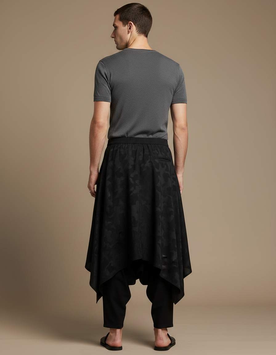 Pantalon Jupe Noir Ample Asymétrique Camouflage Homme - Polyester - vue 2