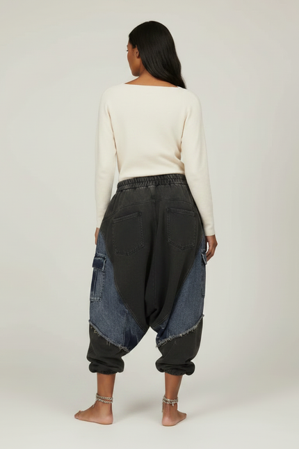 Pantalon Jupe Patchwork Denim Ample Décontracté - Multicolore Jean - vue 2