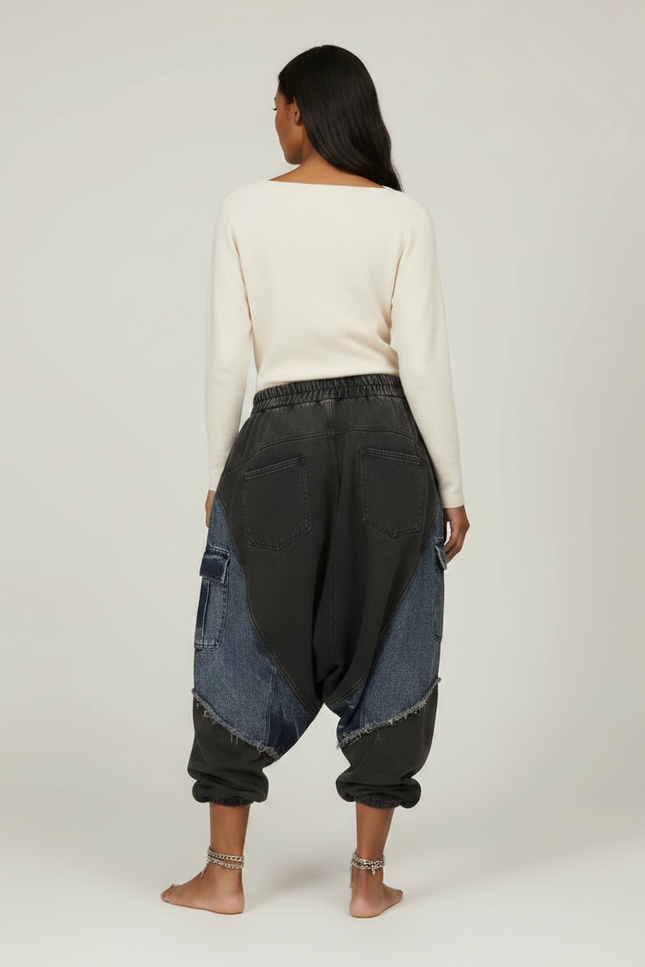 Pantalon Jupe Patchwork Denim Ample Décontracté - Multicolore Jean - vue 2