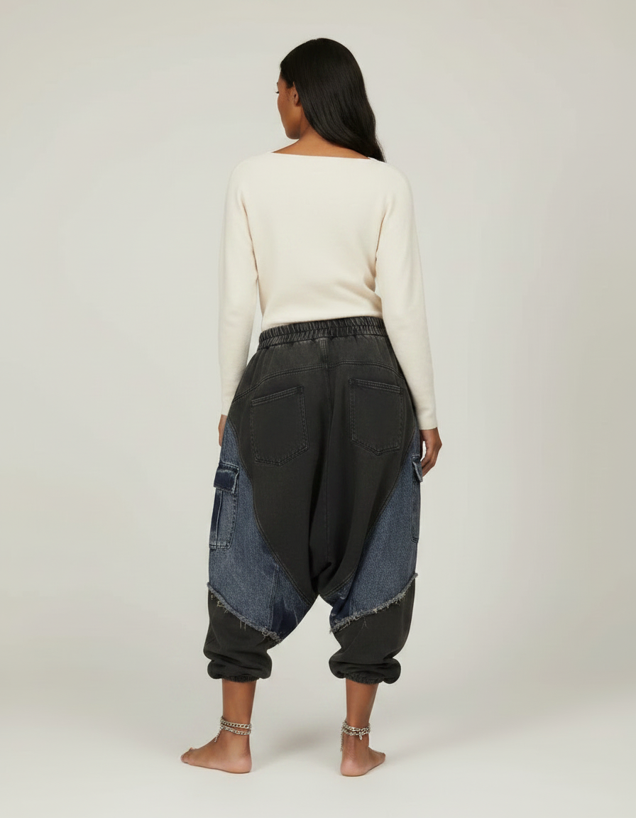 Pantalon Jupe Patchwork Denim Ample Décontracté - Multicolore Jean - vue 2