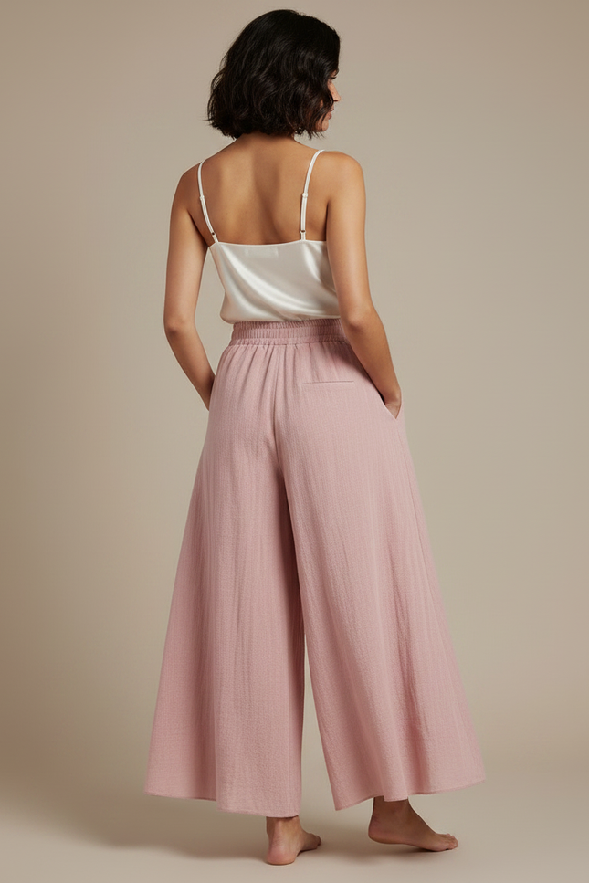 Pantalon Jupe Rose Ample Fluide Coton Lin Décontracté - vue 2