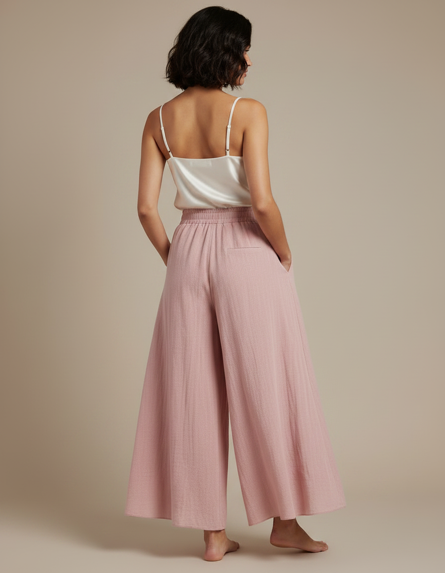 Pantalon Jupe Rose Ample Fluide Coton Lin Décontracté - vue 2