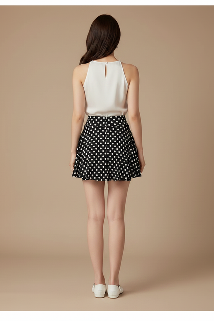Pantalon Jupe Noir Pois Blanc Évasé Court - Satin - vue 2