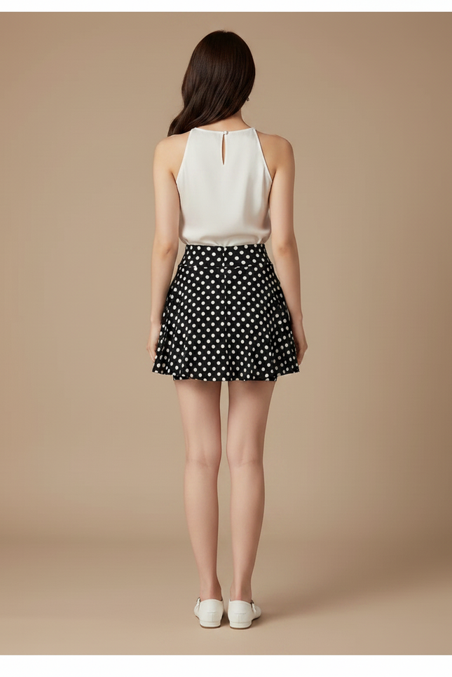 Pantalon Jupe Noir Pois Blanc Évasé Court - Satin - vue 2