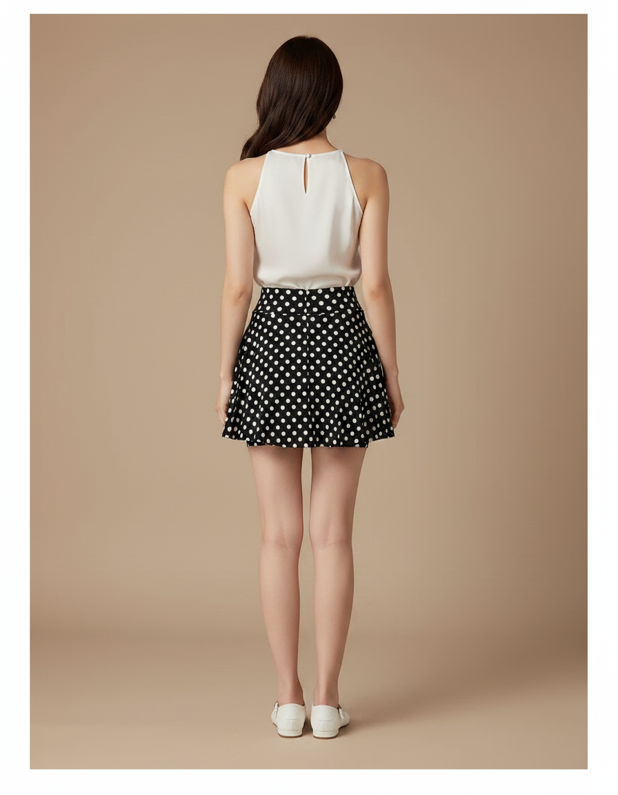 Pantalon Jupe Noir Pois Blanc Évasé Court - Satin - vue 2