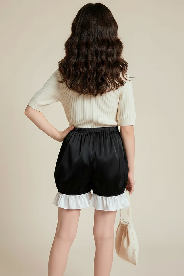 Pantalon Jupe Noir Satin Volants Bouffant Fille - vue 2