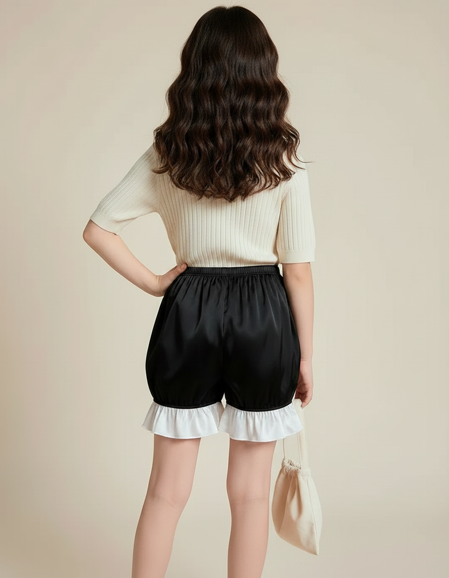 Pantalon Jupe Noir Satin Volants Bouffant Fille - vue 2