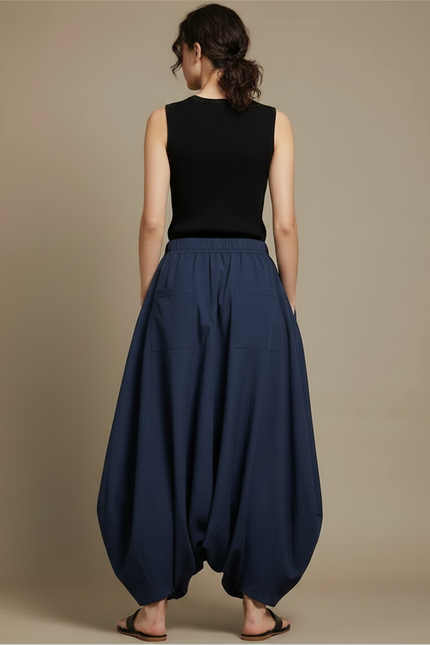 Pantalon Jupe Bleu Marine Ample Coton Lin Femme - vue 2