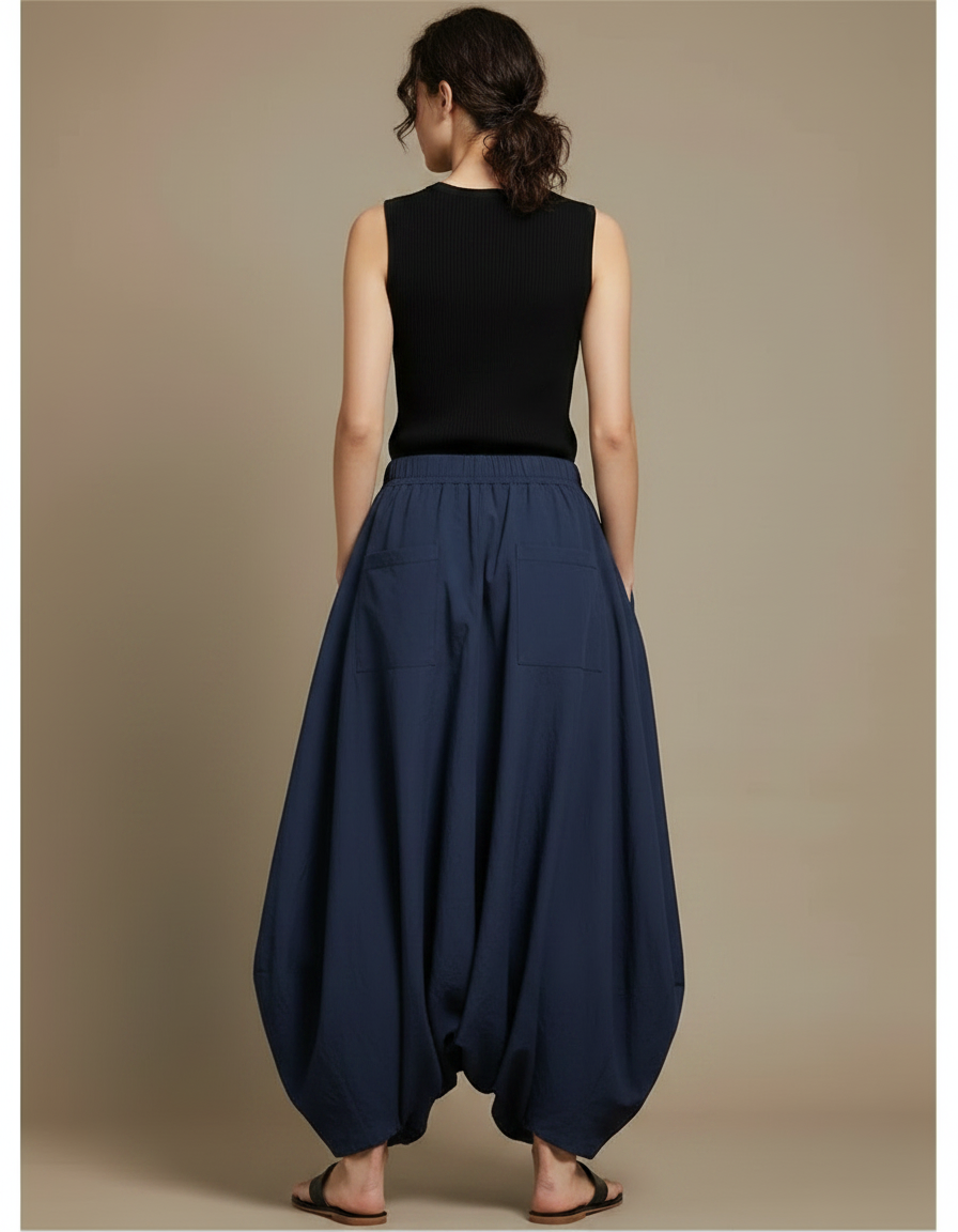Pantalon Jupe Bleu Marine Ample Coton Lin Femme - vue 2